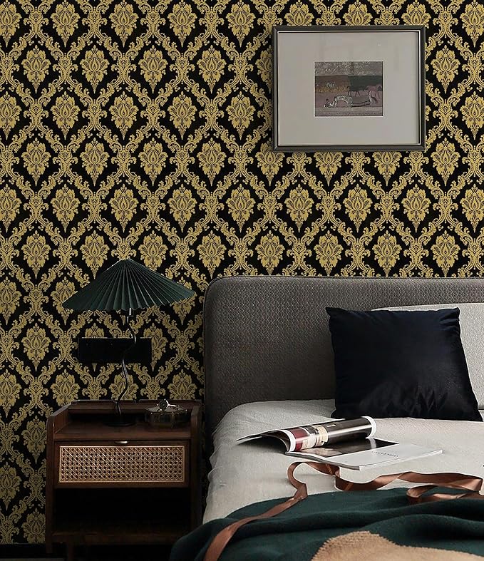 Peel and Stick Wallpaper Black and Yellow Damask Wallpaper