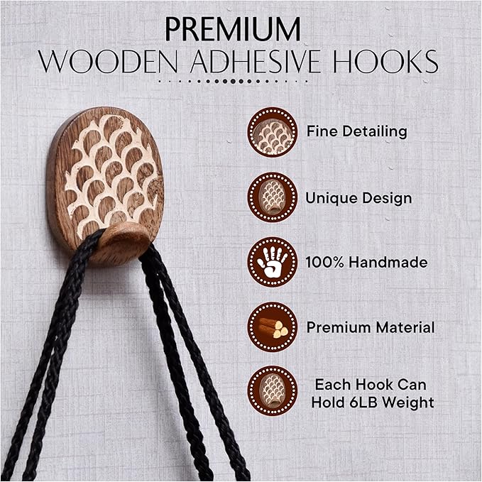 IndianShelf 6 Lb- 24 Pieces Decorative Wood Adhesive Wall Hooks–Boho Peel and