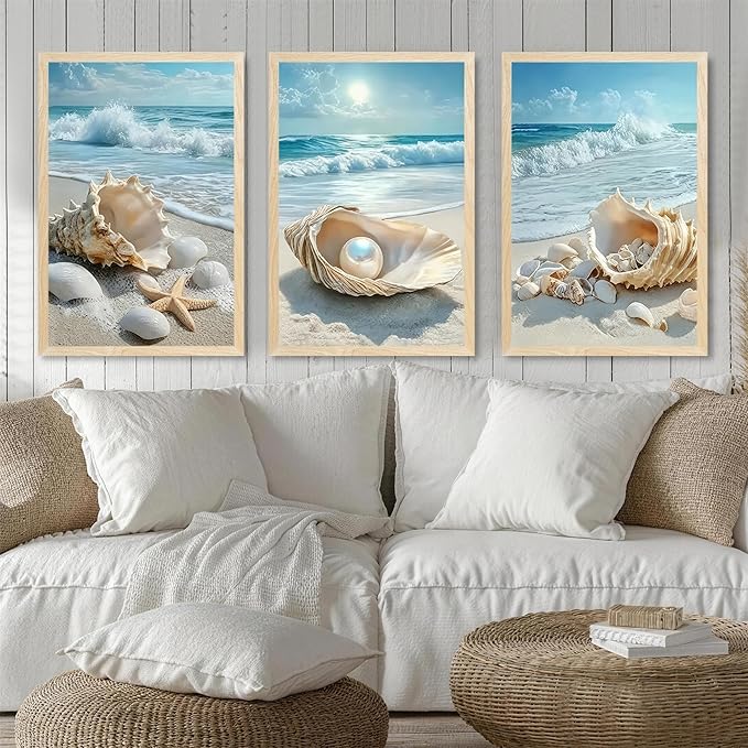 SYWENNOI 3 Piece Wood Framed Beach Wall Art, Sandy Shore, Pearl in Shell