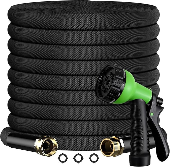 100FT Lightweight Flat Garden Hose for Women & Seniors, Non-Expandable Water Hose with 10-Pattern Spray Nozzle, Easy Storage No-Kink Hose for RV, Patio, Small Backyard, Car Wash & Everyday Watering