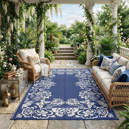 Garvee 5âx8â Waterproof Patio Outdoor Rug, Outdoor Plastic Straw Rug for Camping, RV Mat Outside, Indoor Outdoor Carpet for Porch, Deck, Backyard, Balcony, Picnic, Navy & White