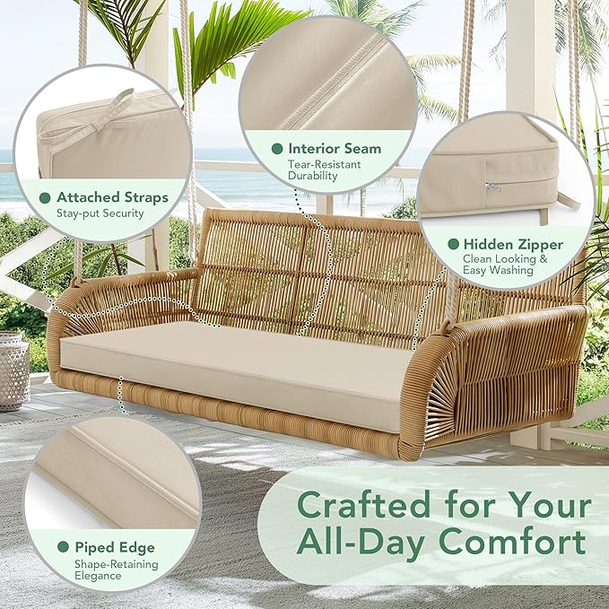 Summsun Outdoor Bench Cushion: Waterproof and Fade Resistant Patio Furniture Cushions - Non-Slip Bench Pad Cushion with Removable Cover for Garden Swing Porch Sofa Settee, 45 x 18 Inch, Beige