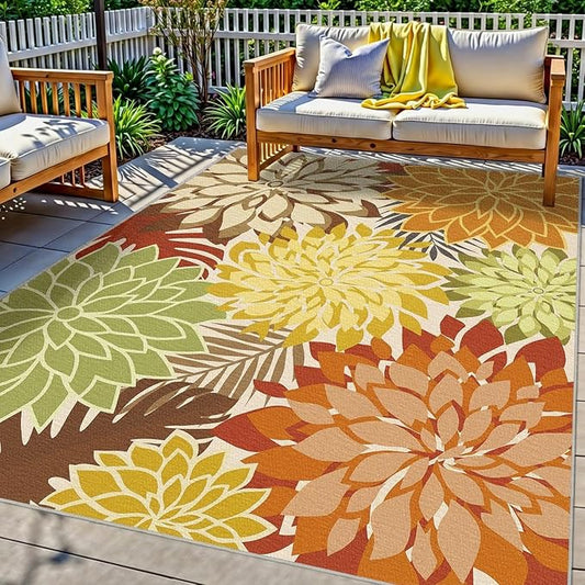 Colorful 8x10 Outdoor Area Rug Washable Multicolored Patio Rug Tropical Botanical Floral Chenille Waterproof Outdoor Carpet Non-Slip for Deck, Backyard, Porch, Orange