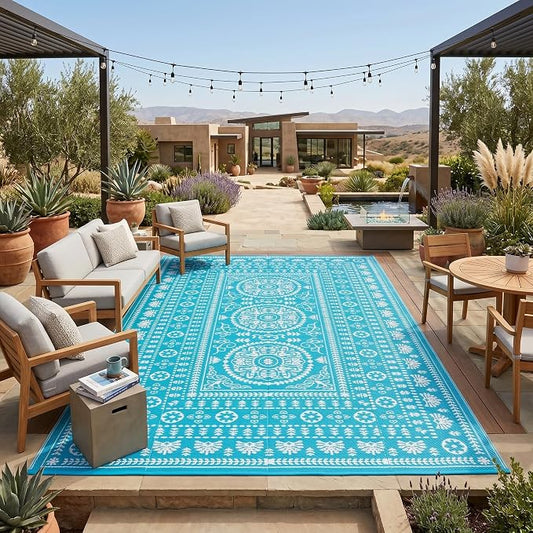 Garvee Reversible Outdoor Rug 8x10 for Patio, Waterproof Outdoor Area Rug, Modern Medallion Indoor Outdoor Rugs, Plastic Straw Rug for RV, Camping, Deck, Vintage Blue