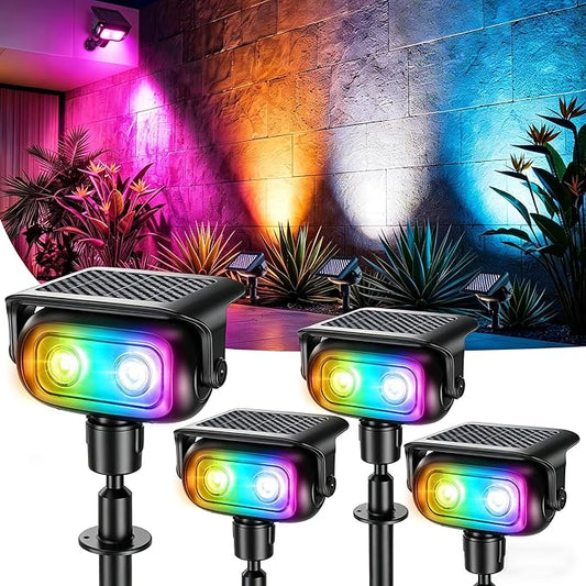 Brizled 4 Pack RGB Solar Spot Lights Outdoor, 360Â° Rotation 9 Colors & 11 Modes Color Changing Spotlights July 4th Outdoor Landscape Lights Solar Spot Landscaping Pathway Lighting for Path Garden Yard