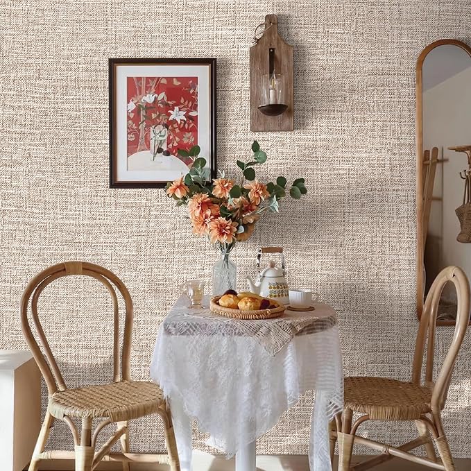 Amiya Grasscloth Khaki Wallpaper 17.3"x120" Peel and Stick Tan Faux Fabric
