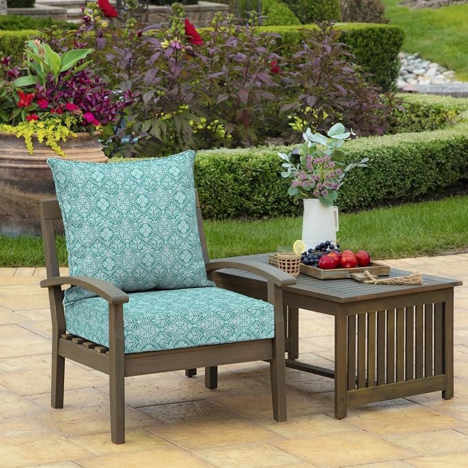 Arden Outdoor Foam Deep Seat Cushion Set (2-Pack), 24x24, Premium High-Density Foam, Never Flattens, Weather-Proof for Patio Chair Sofa Couch, Turquoise Daphne Medallion