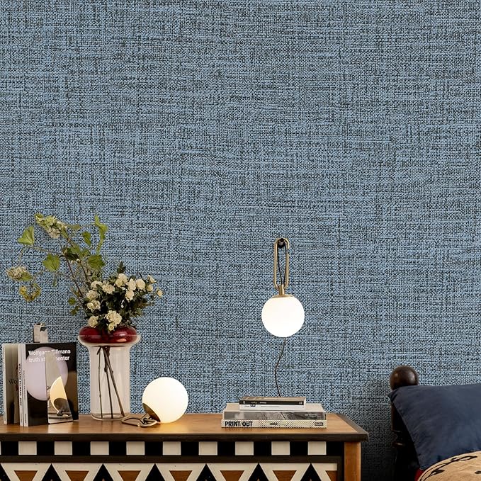 Blue Gray Grasscloth Peel and Stick Wallpaper 17.3"x480" Faux Linen Textured