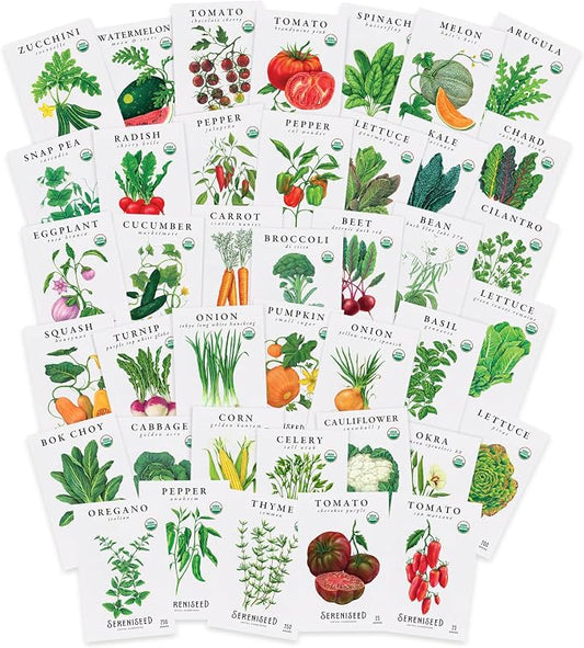 Sereniseed Organic Vegetable Seeds (40-Pack) â Non GMO, Open Pollinated - Basil, Snap Pea, Broccoli, Bean, Jalapeno, Tomato, Lettuce, Cucumber, Carrot, Zucchini Seeds for Planting
