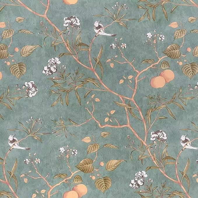 Laatse Green Floral Wallpaper Peel and Stick Bird Wallpaper 17.5" x 196.8"