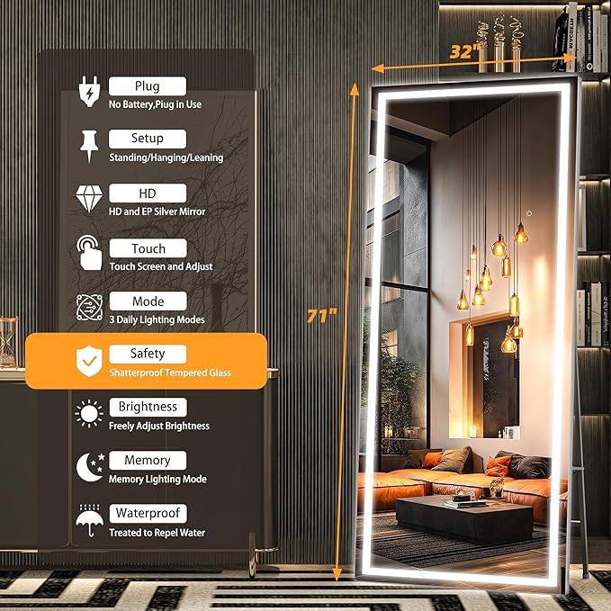 Hasipu Full Length Mirror with Lights, Full Body Dressing Hanging Mounted Mirror