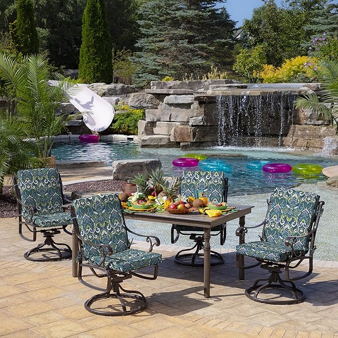Arden Foam Outdoor Dining Chair Cushion, 20 x 44, Premium High-Density Foam, Never Flattens, Weather-Proof for Outdoor Chairs, Sapphire Aurora Blue Damask