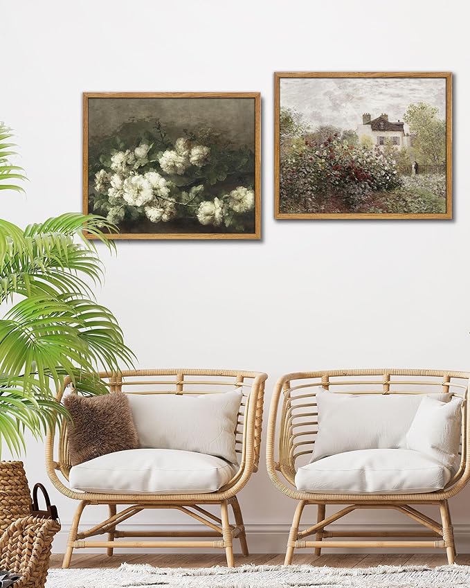 UPWOIGH 16x24 in Large Framed Wall Art, Claude Monet The Artist's Garden Oil Painting Canvas, Vintage Impressionist Rose Garden Landscape, Rustic Cottage Farmhouse Decor for Living Room Bedroom, 1Pack
