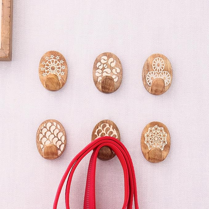 Indian Shelf 6 Lb Decorative Wood Adhesive Wall Hooks–Boho Peel and Stick Hooks