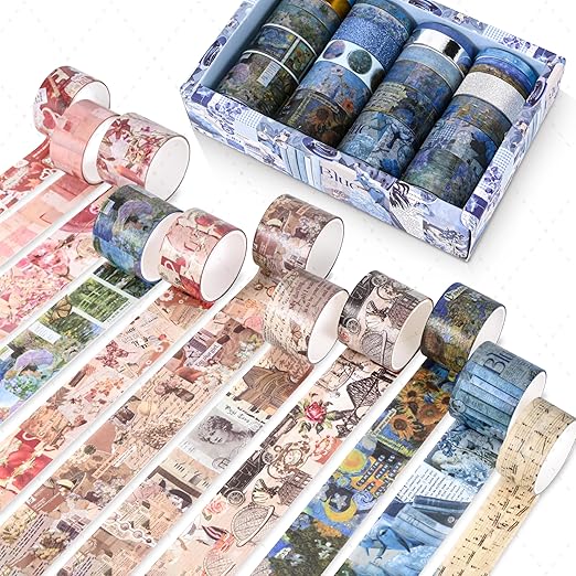 FTTELK 24 Rolls Vintage Washi Tape Set,Glitter Floral Decorative Adhesive Tape for Scrapbooking Supplies,Junk Journal,DIY Crafts,Planners and Gift Wrapping(Retro Medieval Series)