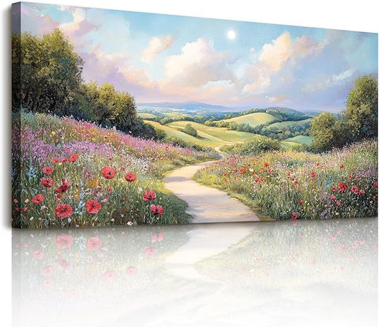 SERIMINO Large Landscape Wall Art, Floral Wall Art, Nature Wall Decor, Country Chic Painting Prints, Sunny Outdoor Scenic Pictures for Living Room Bedroom Modern Farmhouse Home Decorations 24"x48"