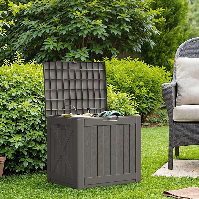 Flamaker Resin Deck Box 40 Gallon Waterproof Outdoor Indoor Storage Box Imitation Wood Resin for Patio Furniture Garden Tools and Pool (Deep Brown)