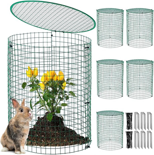 6 Pack Garden Plant Protectors from Animals with Stakes, Metal Mesh and Detachable Covers Wire Plant Cage for Keeping Bunny Animals Out, Chicken Wire Cover Garden Protect (16 * 13 in)