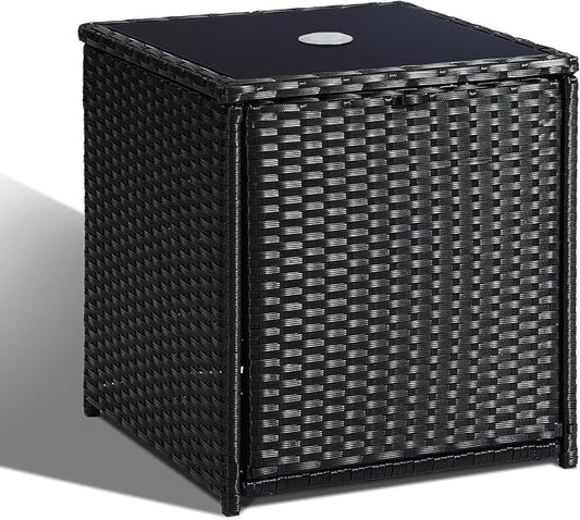 SUNNYPARK Outdoor Umbrella Side Table with 2 Weight Bags, 2-in-1 Patio Table with Umbrella Hole, All-Weather Handwoven PE Rattan Umbrella Base Stand for Deck Yard Garden Balcony Poolside