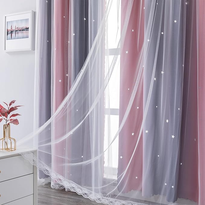 XiDi Curtains for Bedroom Decor, Rainbow Pink-Grey-34-54