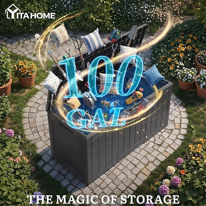 YITAHOME 100 Gallon Large Outdoor Deck Box, Waterproof Resin Storage Box, Lockable Indoor Outdoor Storage Container for Patio Furniture Cushions, Pool Accessories, Garden Tools, Dark Gray