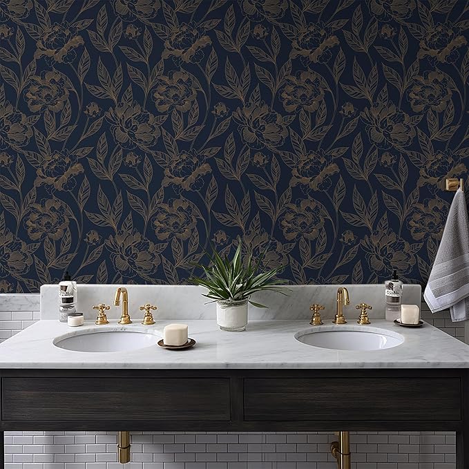 Timeet Peel and Stick Wallpaper Gold and Blue Floral Wall Paper