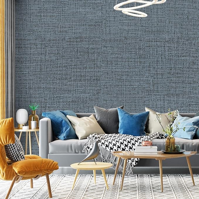 Blue Gray Grasscloth Peel and Stick Wallpaper 17.3"x480" Faux Linen Textured