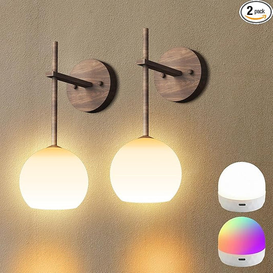 Walnut Grain Battery Operated Wall Sconces Set of 2, Rechargeable Wireless Wall