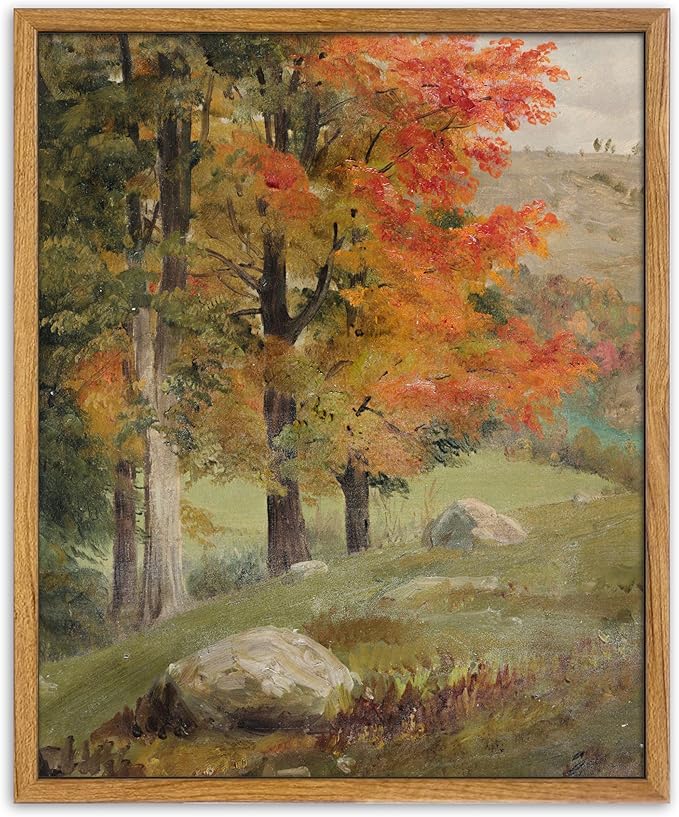UPWOIGH Framed Wall Art,Autumn Tree Oil Painting Canvas Poster Vintage Fall Landscape Rustic Print Retro Forest Moody Wall Art Living Room Decor 8x10in