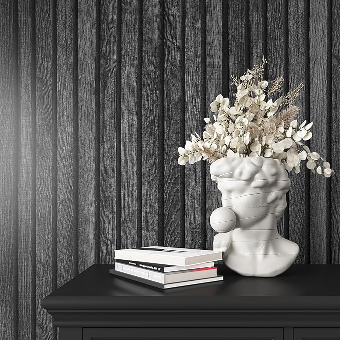 VEELIKE Charcoal Black Wooden Slat Wallpaper Peel and Stick Waterproof Dark