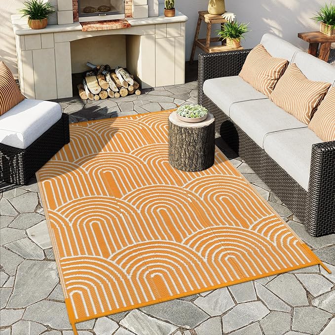 Anidaroel Patio Rugs Outdoor 6âx9â Clearance Waterproof, Reversible Rainbow Outdoor Plastic Straw Outside Rugs, RV Outdoor Rugs for Camping, Porch, Balcony, Backyard (Orange,6âX9')