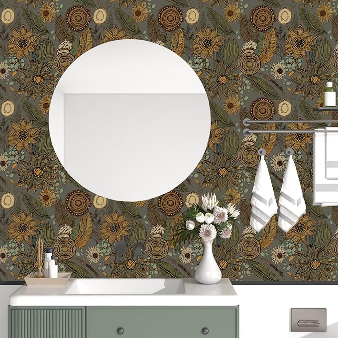 Grey Boho Wallpaper Peel and Stick, Vintage Yellow Green Floral Contact Paper