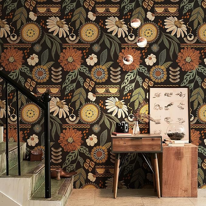 JiffDiff Boho Peel and Stick Wallpaper Vintage Floral Wall Paper Removable Sun