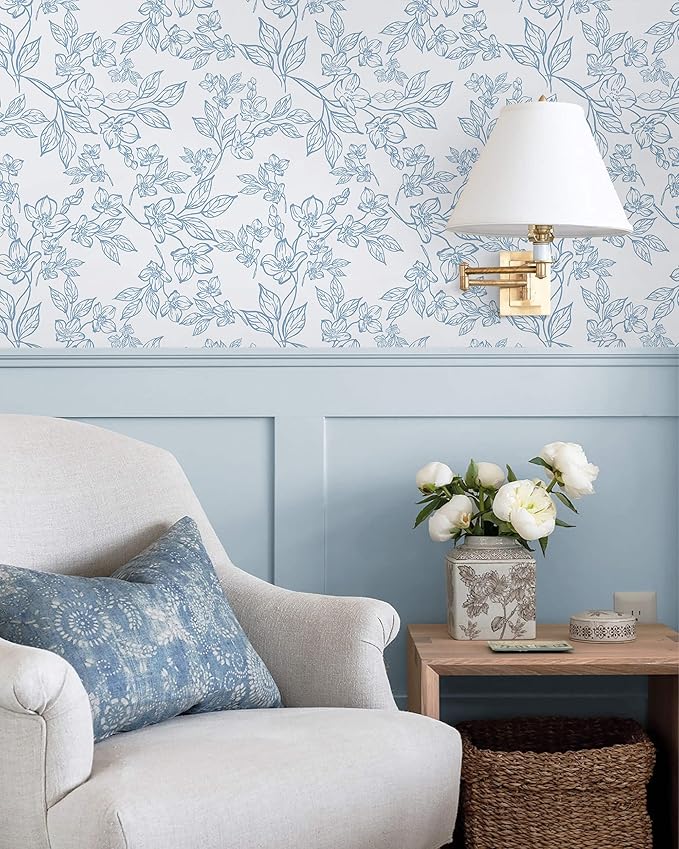 Ismoon Peel and Stick Wallpaper Blue and White Contact Paper Modern Flroal Wall