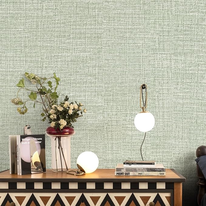Green Grasscloth Peel and Stick Wallpaper 17.3"x300" Faux Linen Textured