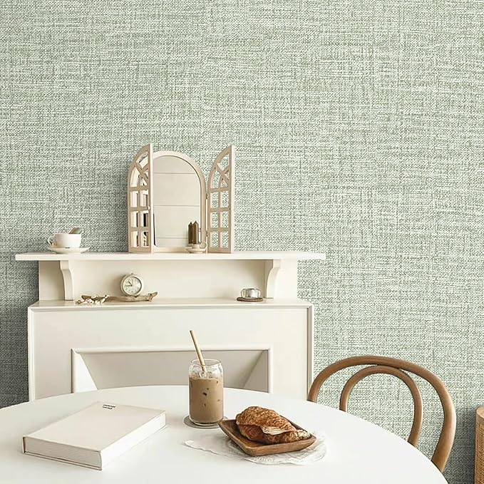 Green Grasscloth Peel and Stick Wallpaper 17.3"x300" Faux Linen Textured