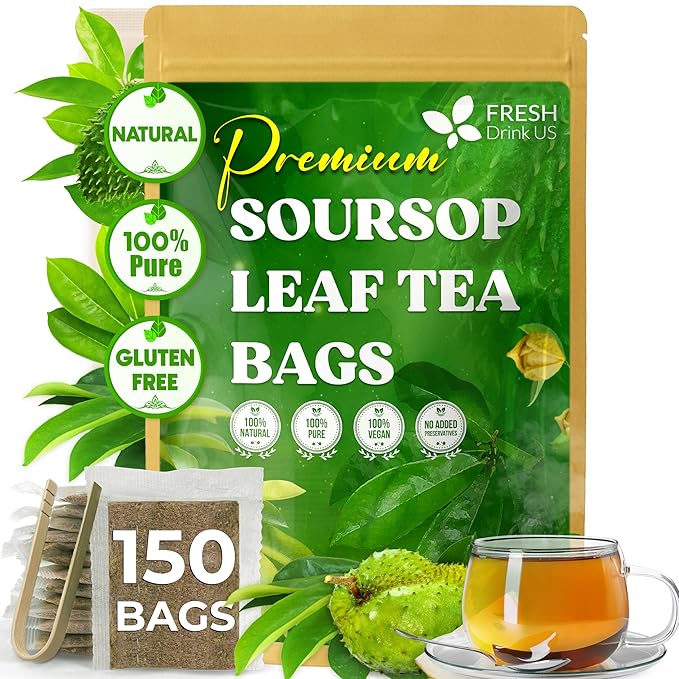 FreshDrinkUS, 150 Premium Soursop Graviola Leaf Tea Bags, 100% Natural and Pure, Hand-made, Made With Natural Materials-Corn Fiber Tea Bag, Sugar/Caffeine/Gluten Free, Hoja Guanabana Tea