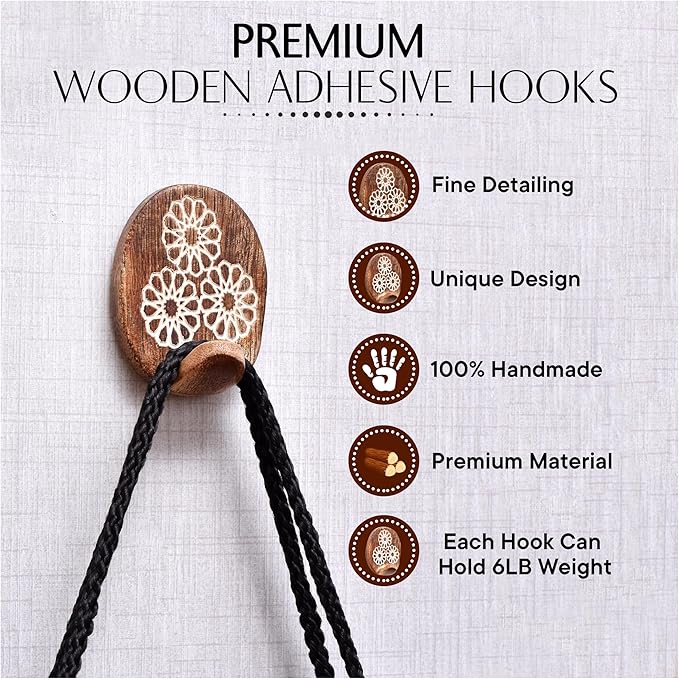 Indian Shelf 6 Lb- 3 Pieces Decorative Wood Adhesive Wall Hooks–Boho Peel and