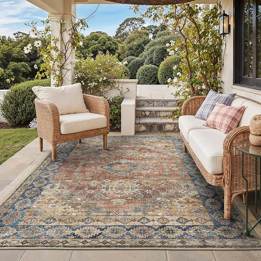 GENIMO Outdoor & Indoor Area Rug 9'x12', Waterproof, Non-Shedding, Easy Cleaning, Boho Mat for Patio, Living Room, Balcony, Dining Room, RV, Deck, Bedroom, Camping, Outside Carpet,Antique Red