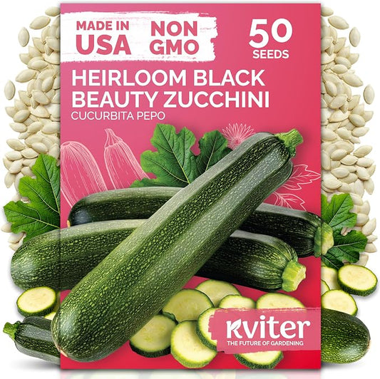 KVITER 50 Black Beauty Zucchini Seeds for Planting (Cucurbita Pepo) â Non-GMO Heirloom Vegetable Seeds, Open Pollinated â Summer Squash for Outdoors Planting in Garden, Raised Mounds, Containers