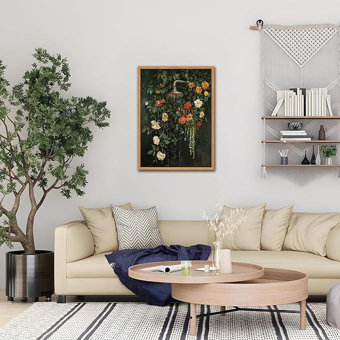 Floating Framed Floral Shower Wall Art, Vintage Botanical Flower Canvas Print