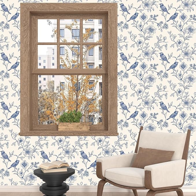 Beige Wallpaper Peel and Stick Blue Floral Bird Vintage Contact Paper 17.5" x
