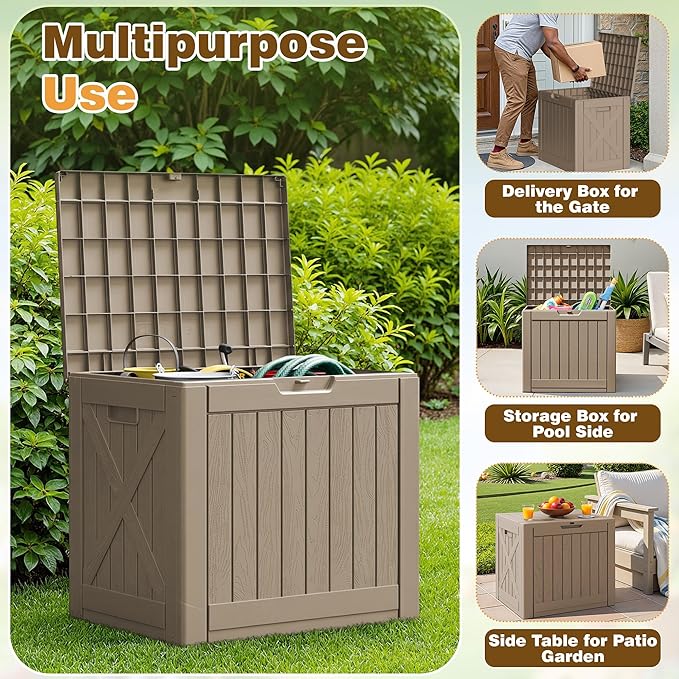 Flamaker Resin Deck Box 40 Gallon Waterproof Outdoor Indoor Storage Box Imitation Wood Resin for Patio Furniture Garden Tools and Pool (Brown)
