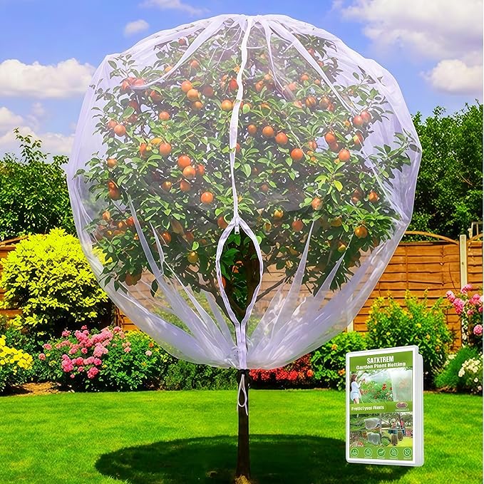 Drawstring & Zipper Fruit Tree Netting Cover (4 Pack 7.3×6Ft) - Reusable Bird Netting for Blueberry Bushes, Anti-Cicada/Deer/Squirrel Large Plant Protection Net