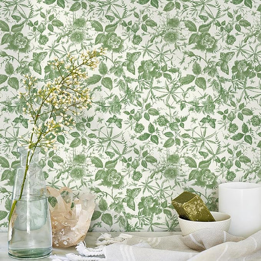 JiffDiff Floral Vintage Wallpaper Peel and Stick，Green Rose Wallpaper Removable