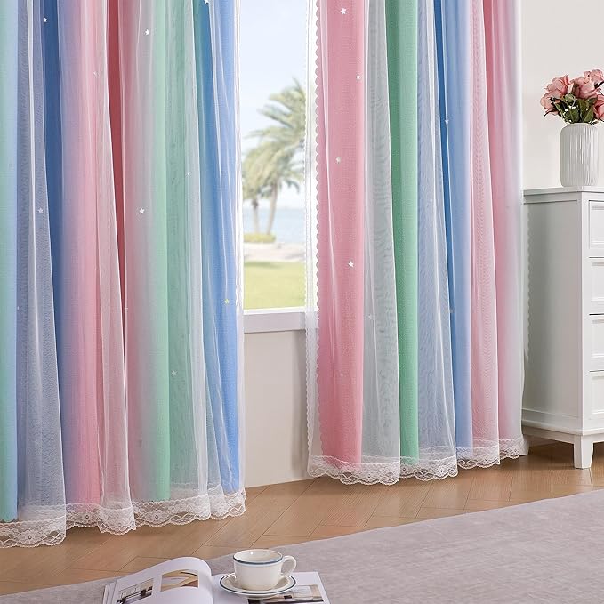 XiDi Curtains for Bedroom Decor, Rainbow Pink GreenBlue52/54/1