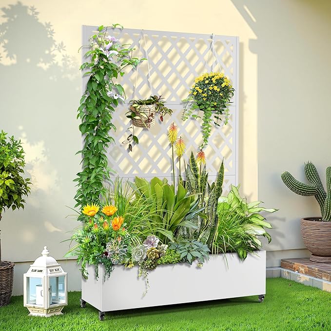 Metal Planter Trellis Box with Wheels & Drain Plug Outdoor Raised Garden Bed Patio Privacy Screen with Planter for Climbing Plants, Vegetables 73"x47"x16" White-Diamond