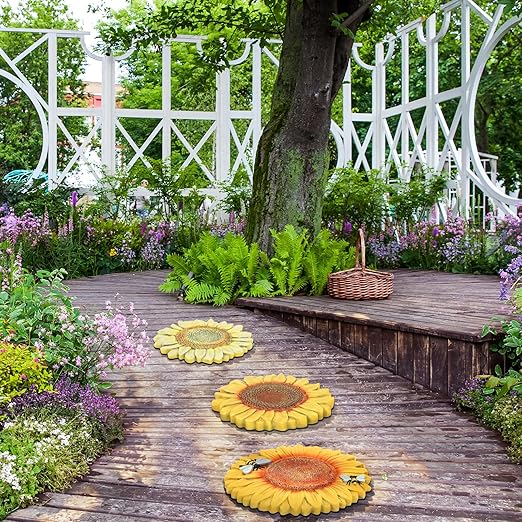 3 Pack Sunflower Stepping Stones for Garden, 10-Inch Faux Stepping Stones Outdoor, Decorative Hand-Painted Garden Stones, Weather-Resistant Pathway Stones for Walkway Yard Patio, Large Stepping Stones