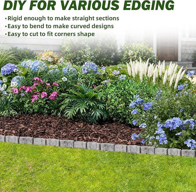 Landscape Edging Faux Stone Edging Garden Edging Border,68FT x 2.75 in Tall Decorative Stone-Look Garden Border for Flower Bed Edging,Yard Edging,Lawn Trees and Gardens,with Anchoring Spikes,Gray