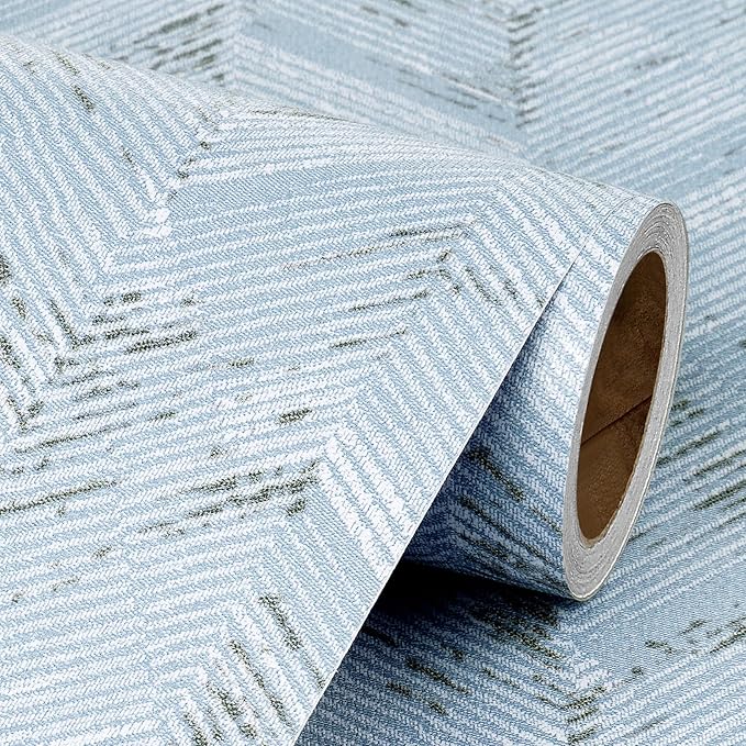 Livelynine 15.8x197 Blue and White Grass Cloth Wallpaper Peel and Stick Contact